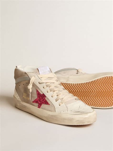 Golden Goose Mid Star in suede with fuchsia glitter star and gray .